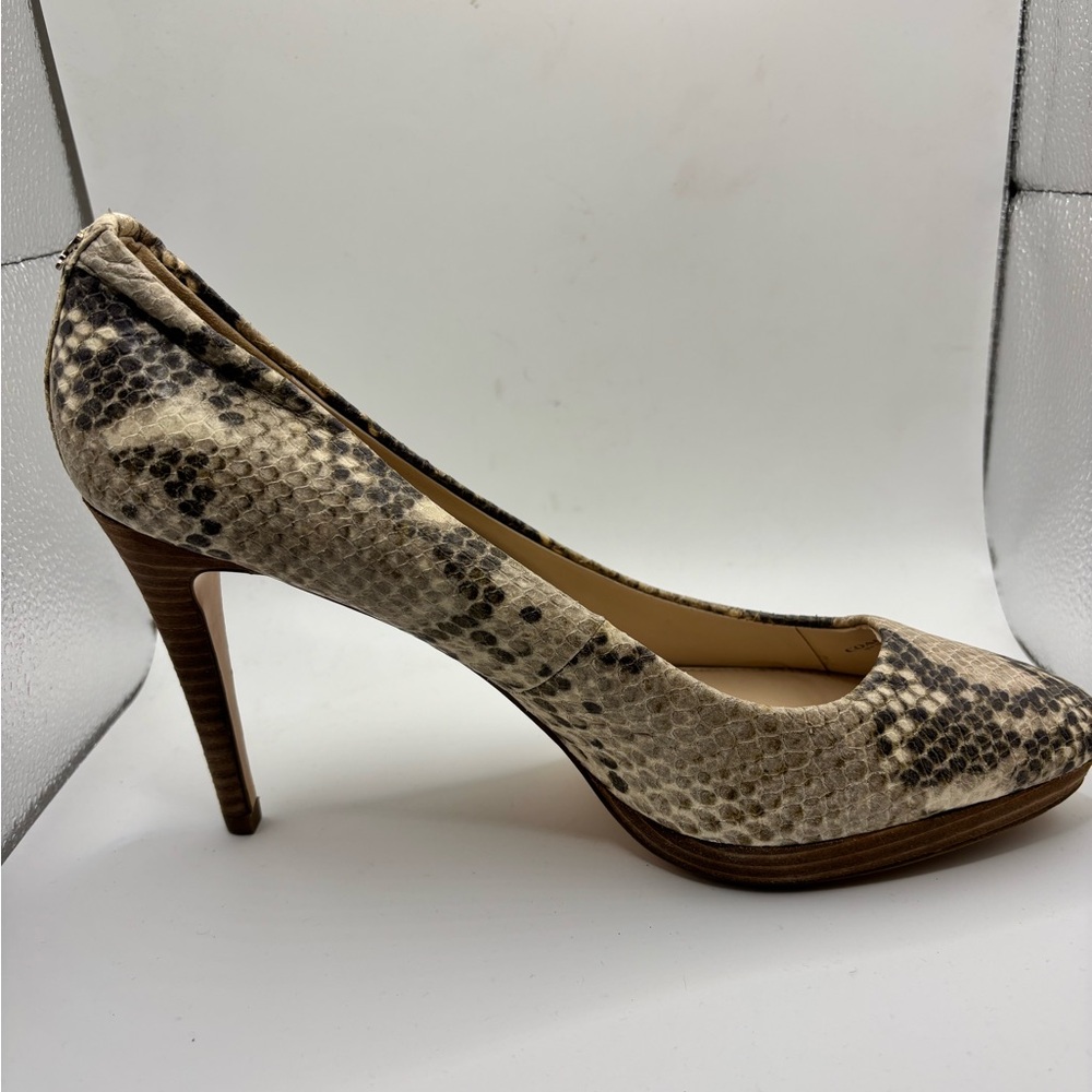 COACH Cream and Gray Snake Print Stacked Heels